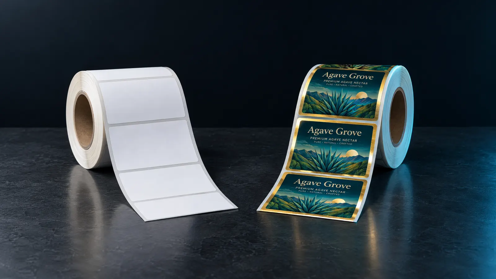 A roll of blank stock labels next to a roll of full-color custom labels
