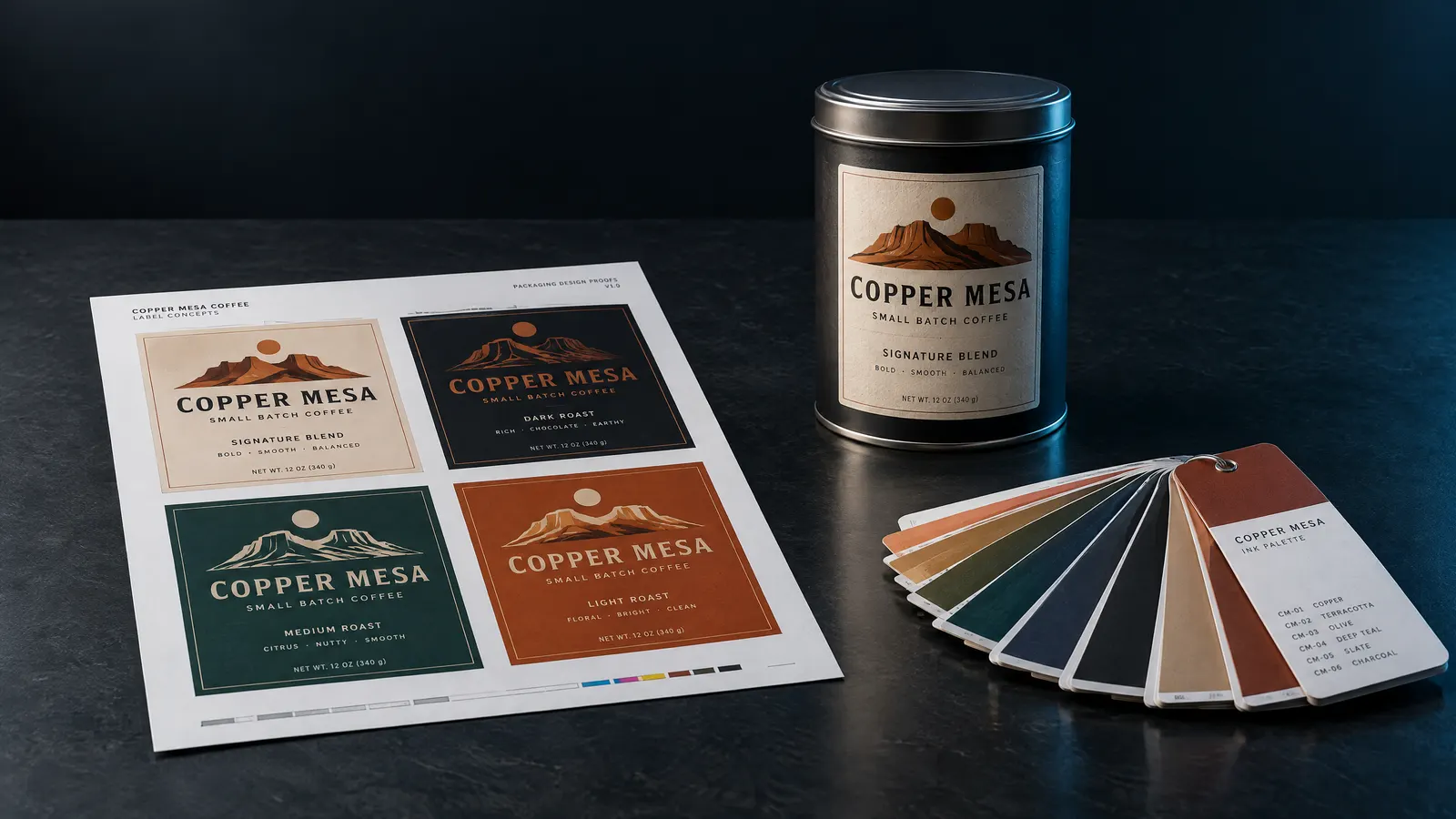 A proof sheet of label design variations beside a finished labeled tin