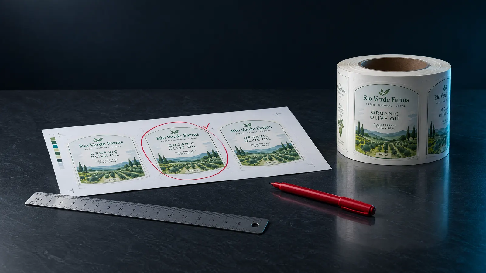 A label proof marked with a red pen, a ruler and a roll of finished labels