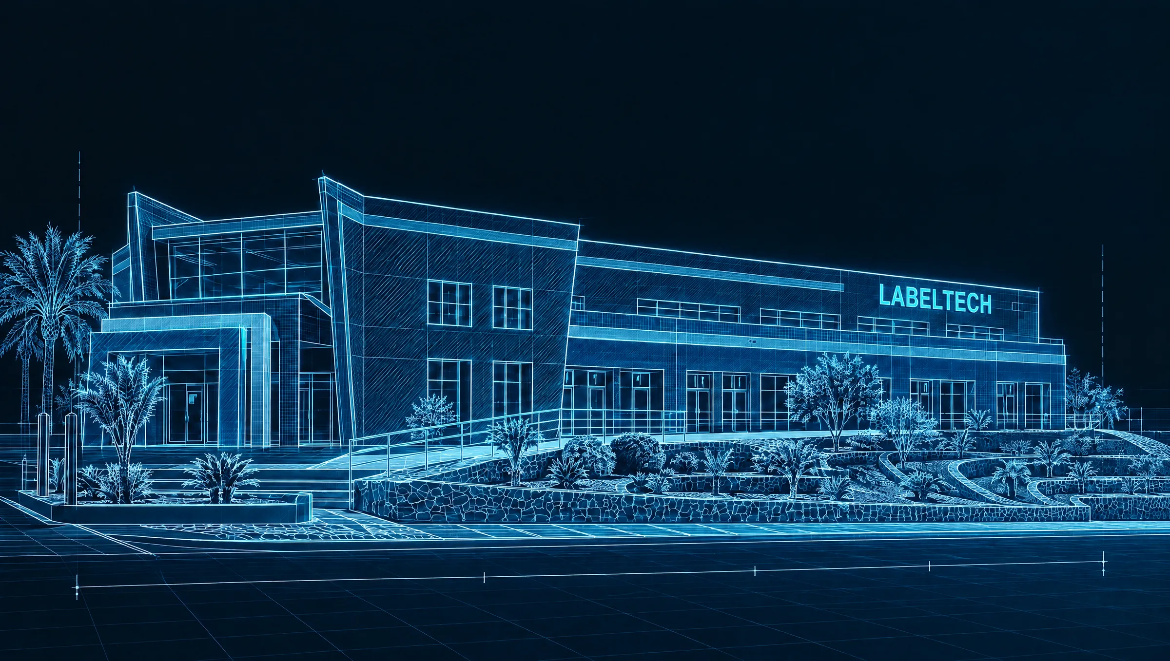 The Labeltech plant on Gateway Boulevard in El Paso, drawn as a blueprint