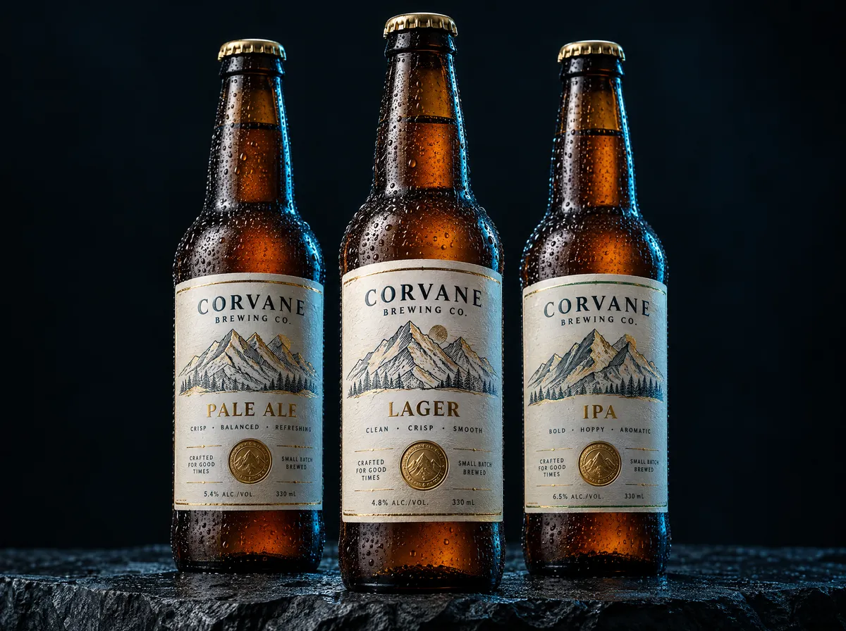 Craft beer bottles with foil-trimmed labels