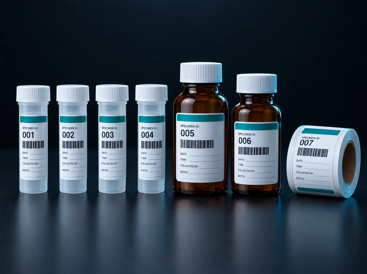 Specimen vials and bottles with barcoded labels