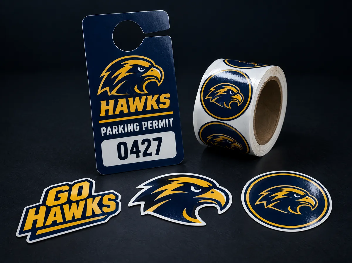 Parking permit hang tag and mascot stickers