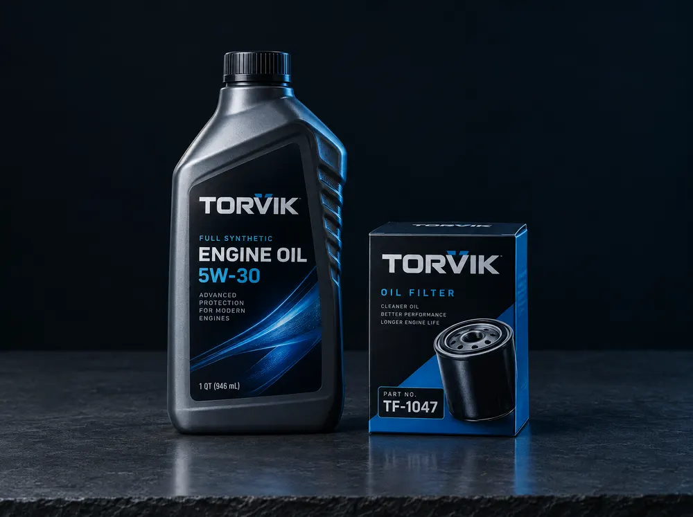 Engine oil bottle and oil filter box with durable labels