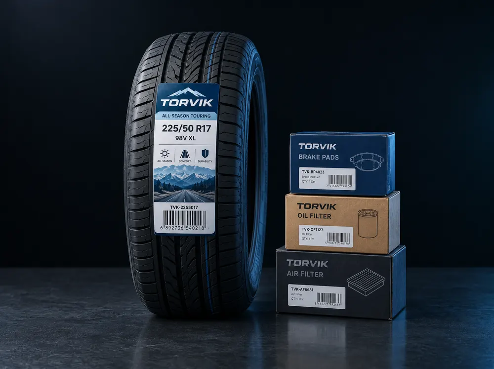 Tire with a tread label beside boxed parts with barcode labels