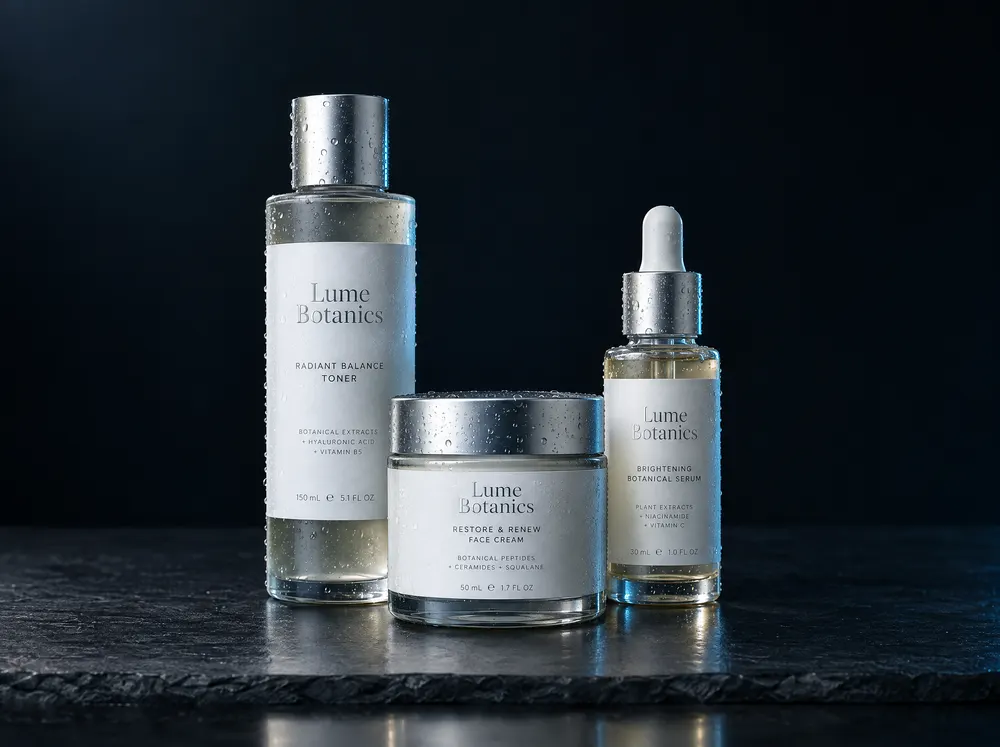 Skincare bottles and a jar with silver foil labels
