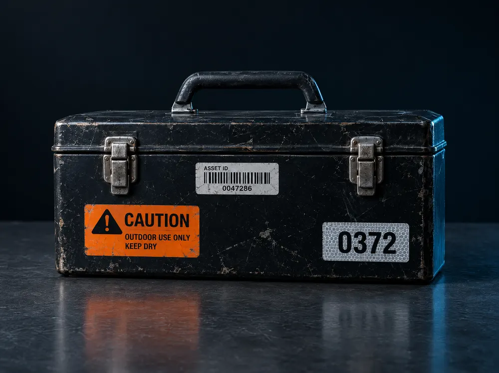 Toolbox with an asset tag, a caution decal and a numbered ID decal