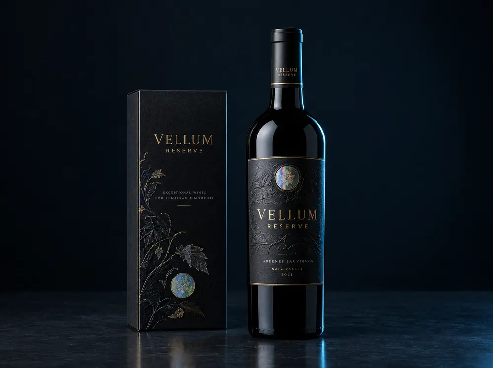 Wine bottle and gift box with gold and silver foil labels