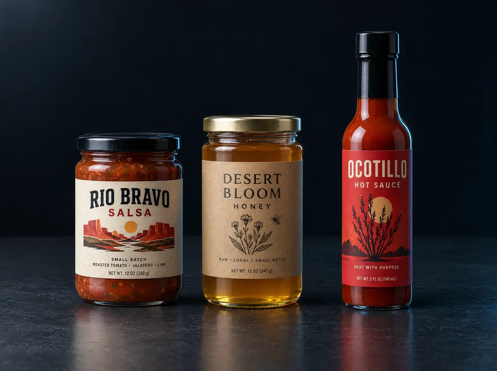 Salsa, honey and hot sauce jars with full-color labels