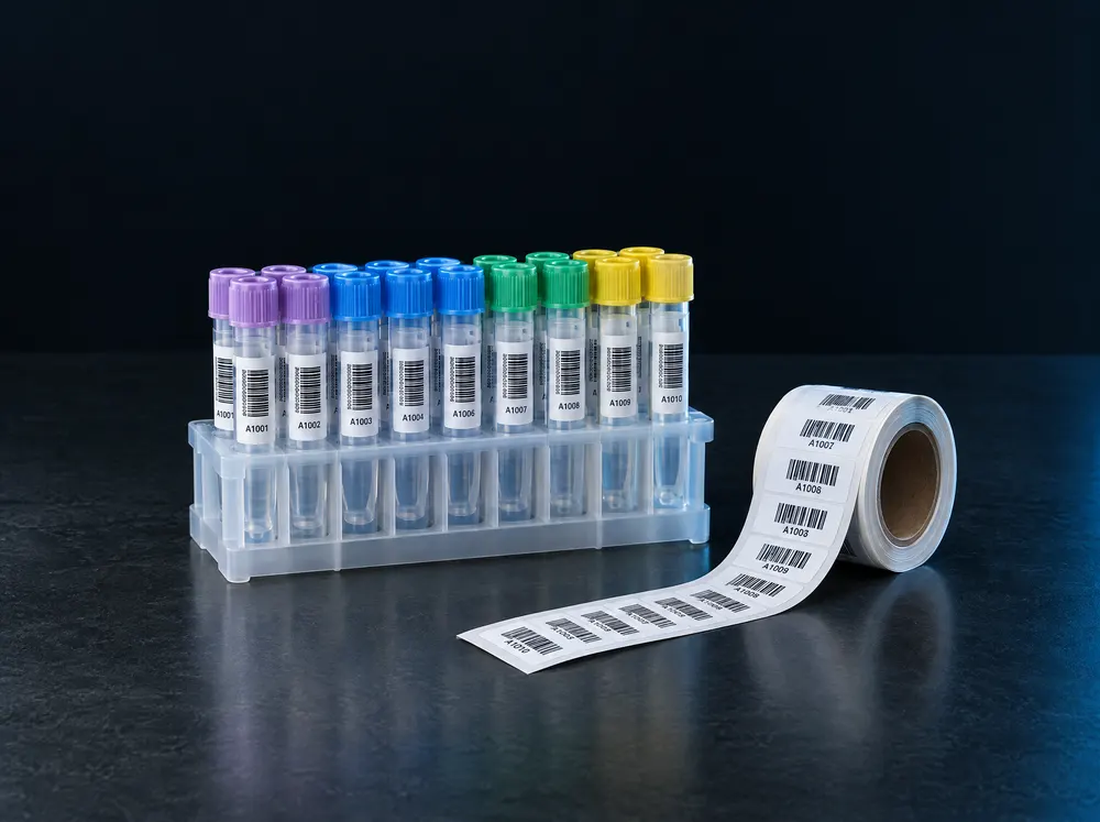 Sample tubes with small barcode labels beside a roll of the same labels