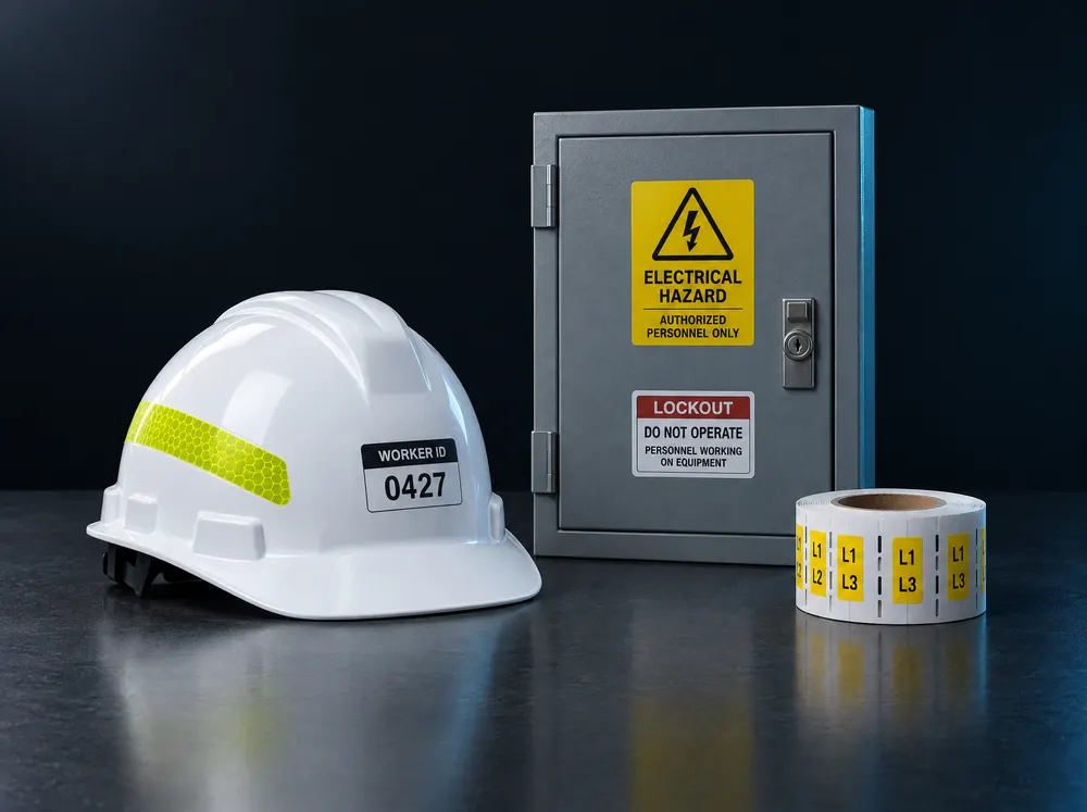 Hard hat with an ID label beside a control panel with hazard labels