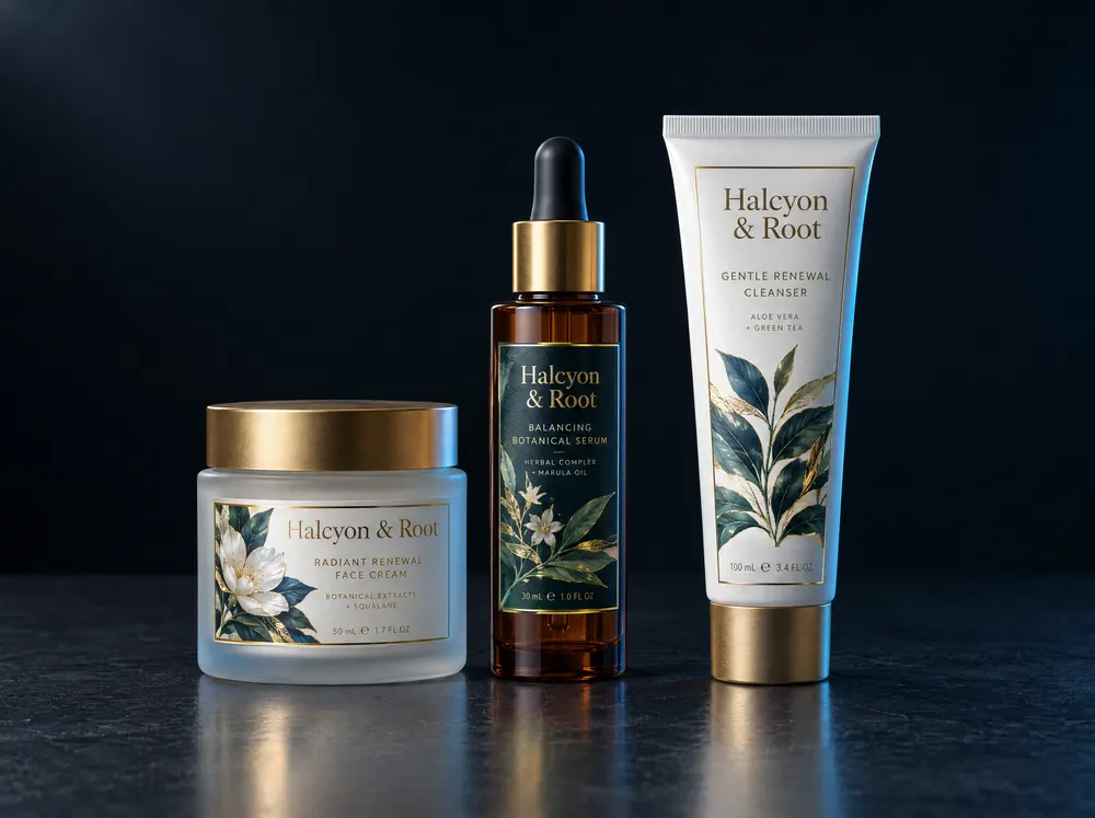 Jar, bottle and tube with full-color labels trimmed in gold foil