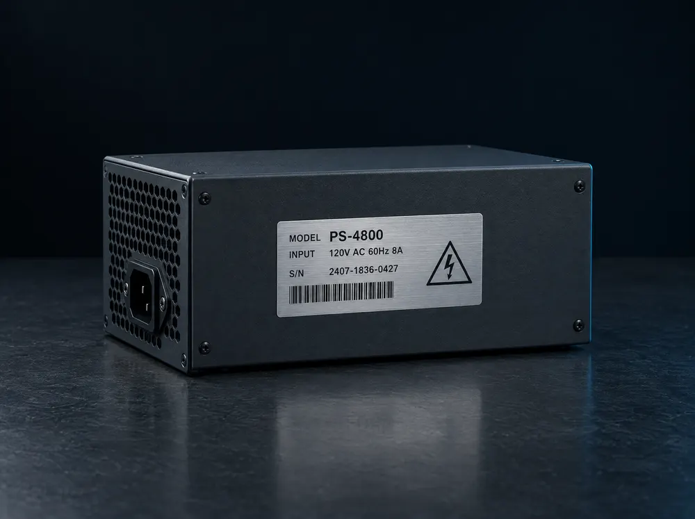 Silver rating plate label on a power supply
