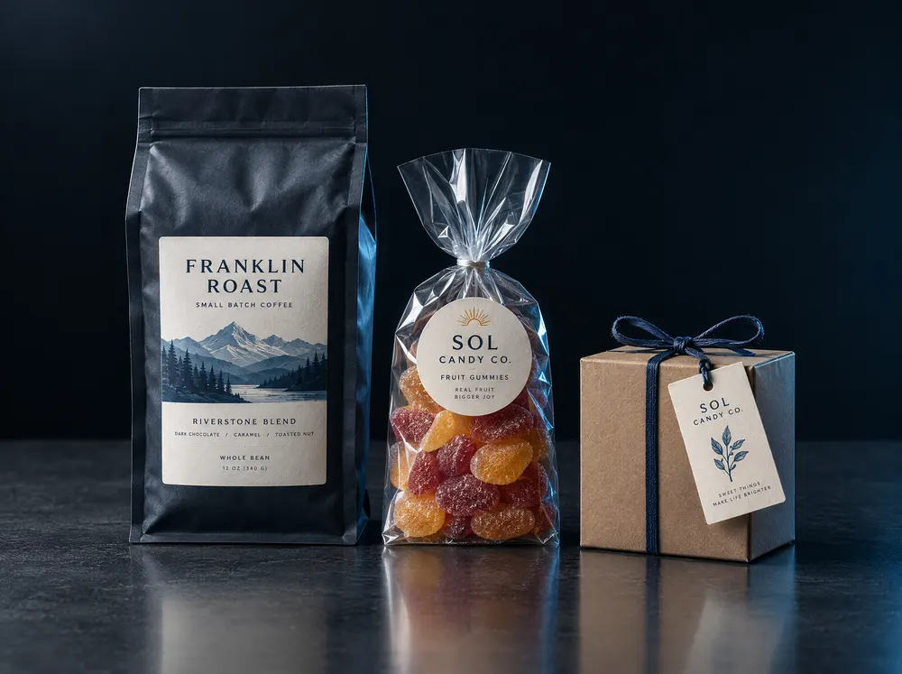 Coffee bag, candy bag and gift box with labels and a hang tag