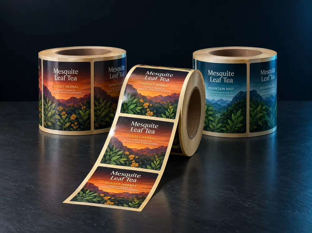 Rolls of printed tea labels, one unwound