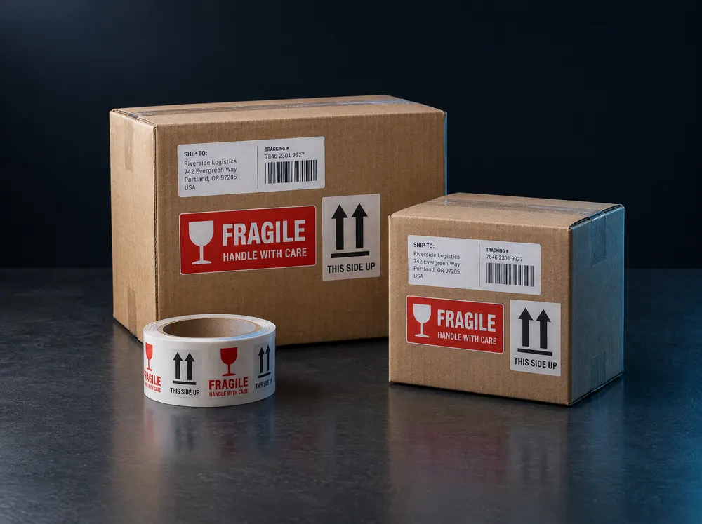 Shipping boxes with fragile and this-side-up labels and printed tape