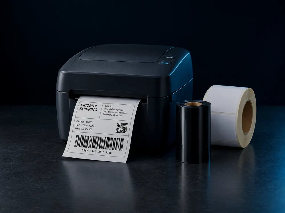 Thermal transfer printer printing a shipping label beside a ribbon and blank labels