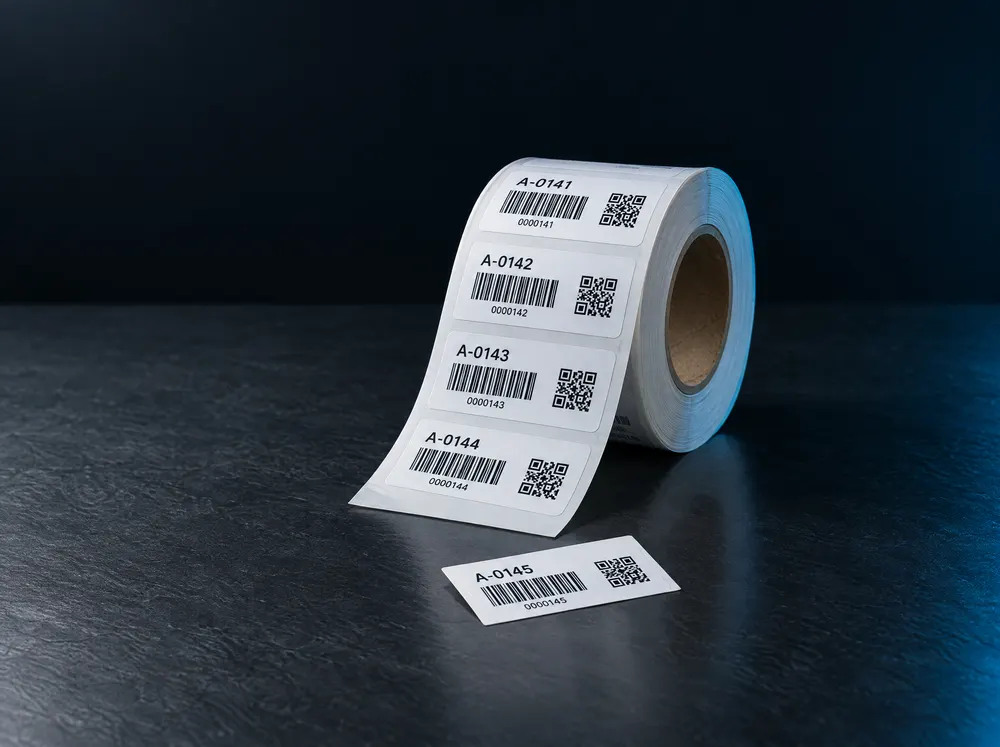 Roll of labels with sequential numbers, barcodes and QR codes
