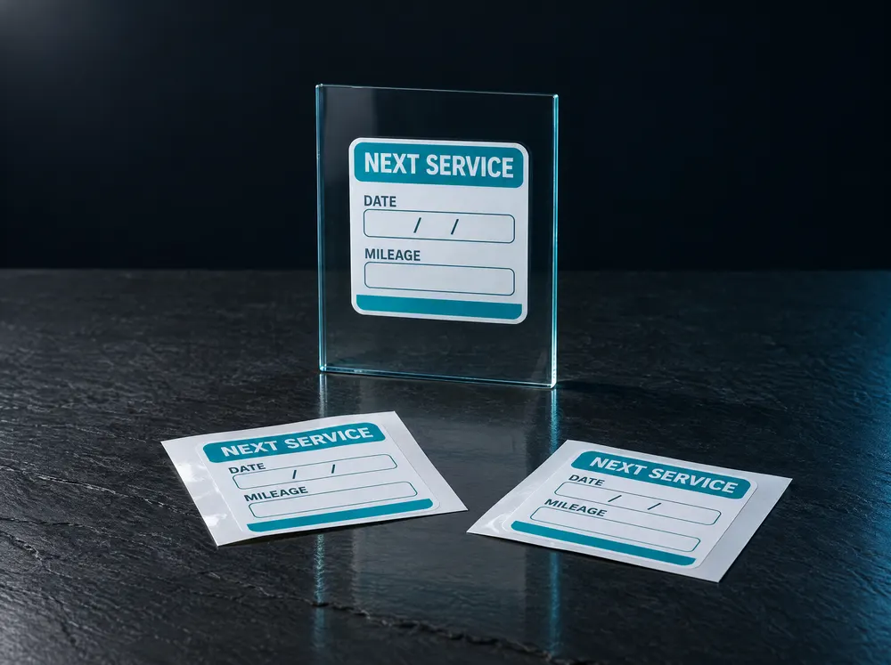 Service reminder cling on a car windshield