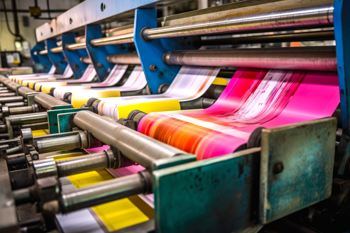 A large commercial printer printing various colorful posters in El Paso.
